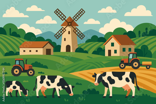 Farm landscape vector illustration. Rural countryside with grazing cows, tractors, barns, and windmill. Concept for agriculture, eco farming, and sustainable livestock. Pastoral scenery.