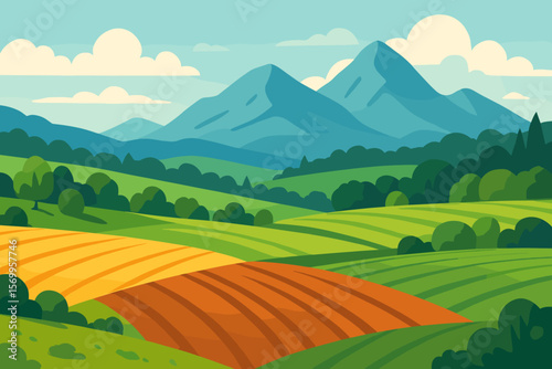 Farm landscape vector. Rural countryside with colorful patchwork fields and mountains. Agriculture scenery background with hills, forest. Harvest season cartoon illustration.