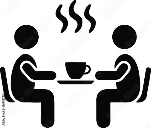 Two figures seated at a table sharing a hot beverage in simple black silhouette style white people