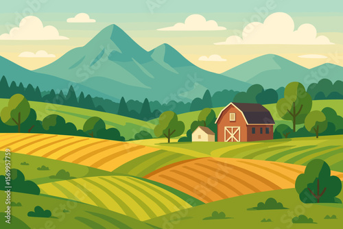 Idyllic farm landscape with red barn and golden fields. Rural countryside scenery vector illustration. Agriculture concept with mountains, hills, meadows, and forest.