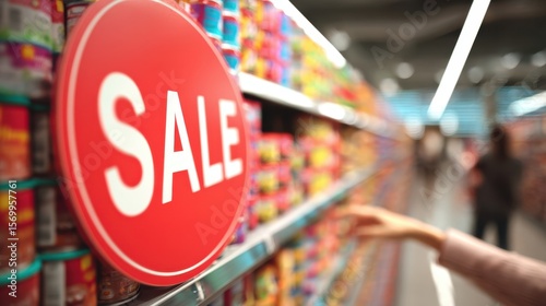 The vibrant sale sign attracting shoppers in a modern retail store aisle.