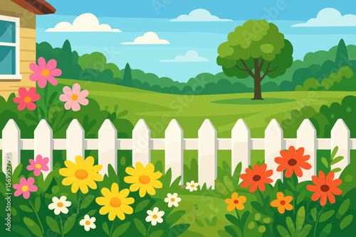 Cartoon vector illustration of a summer backyard garden. House with a white picket fence, blooming flowers, green grass lawn, tree, and forest landscape on a sunny day.