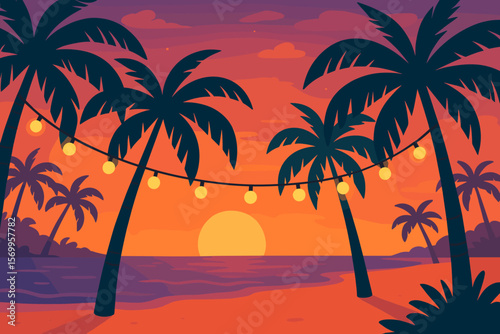 Tropical beach sunset landscape with palm tree silhouettes and party string lights. Paradise ocean view with evening sky. Modern flat vector cartoon illustration for summer vacation.