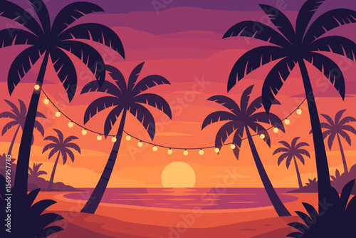 Tropical beach sunset landscape with palm tree silhouettes. Summer vacation paradise island background. Ocean sea scenic view with hanging party lights. Modern flat vector cartoon.