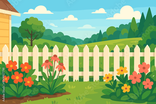 Backyard garden with white picket fence and blooming flowers. House exterior on a sunny day. Beautiful summer landscape with green grass, trees, and hills. Vector illustration.