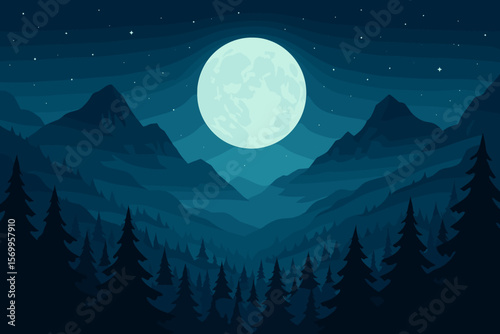 Vector illustration of a night mountain landscape with a full moon and stars. Mysterious scary forest silhouette. Spooky Halloween background. Beautiful nature panorama at night.