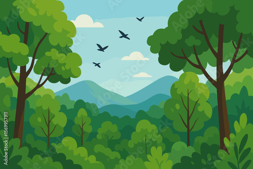 Green forest landscape with mountains background. Summer nature scenery with deciduous trees, bushes, flying birds and blue sky. Flat cartoon vector illustration for travel.