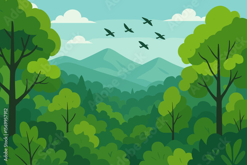 Lush green forest with mountains background. Serene nature landscape with trees, hills, flying birds and blue sky. Flat vector illustration for ecology, travel or wilderness.