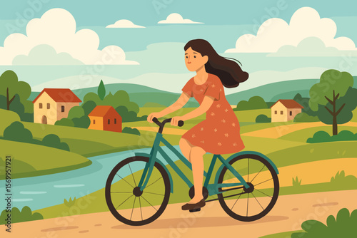 Young woman in a dress rides a bicycle on a country road. Girl on a bike enjoying a summer day in a rural village landscape with river, hills, and fields. Healthy lifestyle.