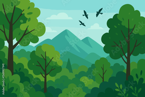 Vector illustration of a beautiful green forest landscape with mountains. Summer scenery with trees, bushes, blue sky, clouds and flying birds. Concept of nature and wilderness.
