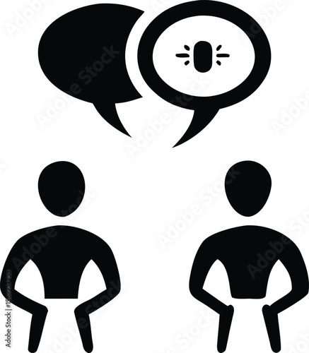 Two Simple Black Figures Communicating via Speech Bubbles Showing a Lightbulb Icon communication