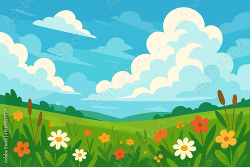 Summer spring landscape with flower meadow. Green grass field, hills background. Rural pasture scenery. Sunny day blue sky, clouds. Cartoon flat vector illustration. Nature.