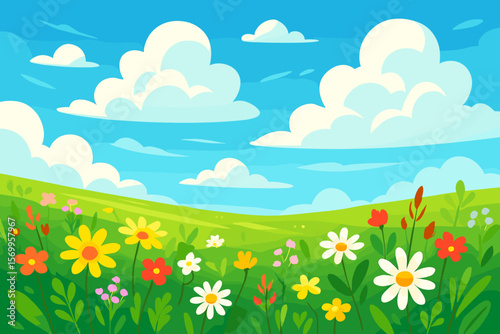 Summer landscape background. Green meadow with flowers. Field with hills. Blue sky and white clouds. Nature scenery view. Cartoon flat vector illustration for kids. Sunny day.