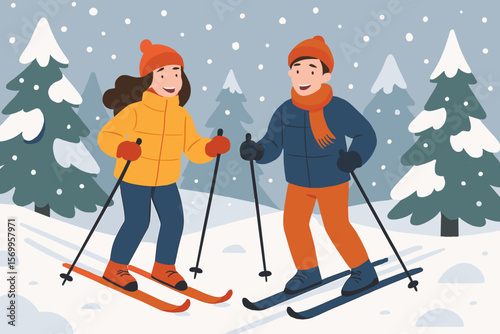 Happy couple cross-country skiing in snowy winter forest. Man and woman on ski trail. Outdoor activity, winter sports, healthy lifestyle concept. Modern flat vector cartoon.