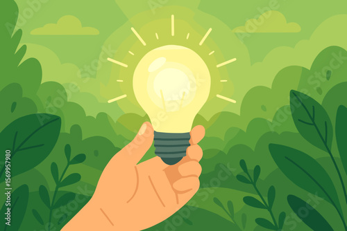 Hand holding light bulb. Green energy concept. Sustainable development. Ecology, environment conservation. Metaphor for new idea, innovation, solution. Renewable power. Earth Day.