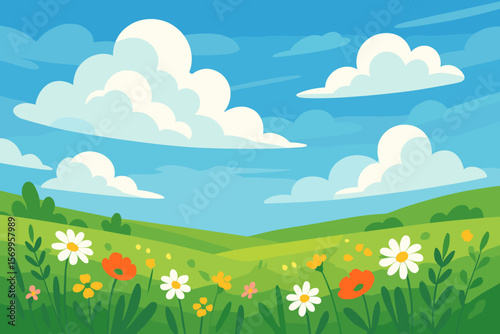 Summer spring landscape with flower meadow. Green hills, blue sky, clouds. Rural nature scenery background. Countryside field view. Modern flat cartoon vector illustration.