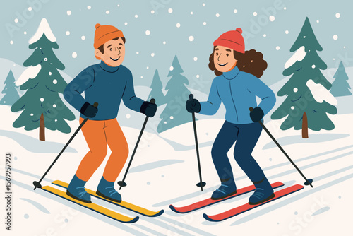 Happy man and woman skiing on a ski trail in a snowy winter forest. Young couple enjoying winter sports and outdoor activities. Healthy active lifestyle. Flat vector cartoon art.