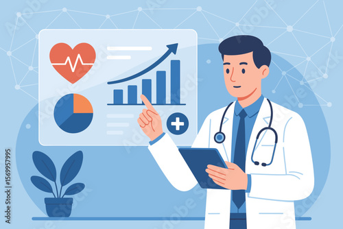Doctor analyzing medical data on virtual screen. Healthcare business with growth chart. Telemedicine, e-health, medical investment and financial report. Health analysis concept.