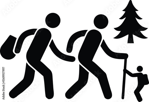 Two Hikers Walking with Backpacks and Trekking Poles Near a Pine Tree a Child Follows vector
