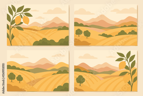 Set of four landscape cards with lemon tree branches and citrus fruit. Vector illustration of agricultural fields, hills, mountains. Nature scenery background collection.