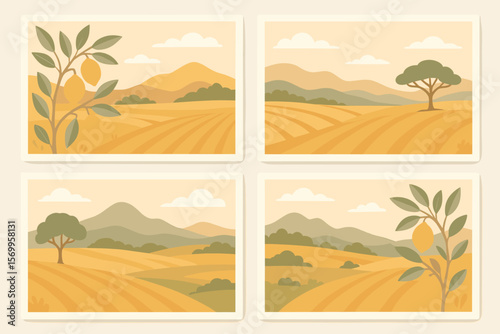 Lemon tree landscape illustration set. Farm fields, hills, and mountains scenery. Nature background collection. Abstract agricultural vector art for posters, cards, or web design.