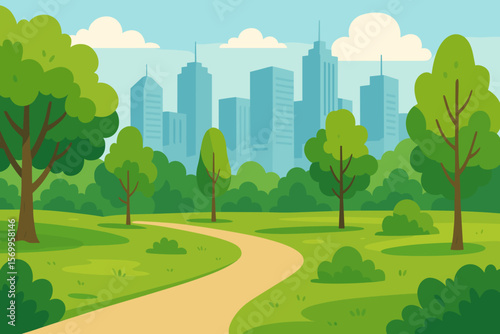 City park landscape with green trees, grass lawn and path. Urban cityscape with skyscrapers on background. Modern flat vector cartoon illustration. Summer scenery concept.
