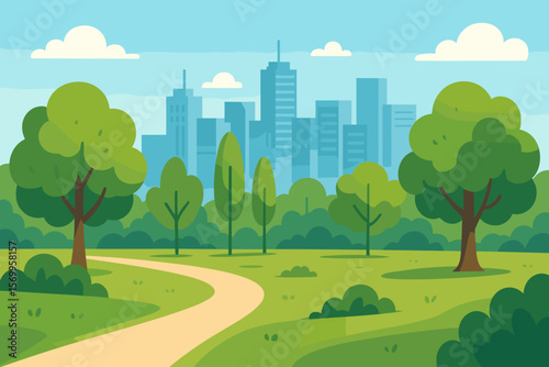 City park landscape with green trees and path. Urban scene with modern downtown skyline. Public green space for summer recreation. Ecology environment concept. Flat vector cartoon.