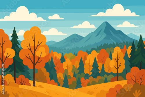 Beautiful autumn landscape vector with mountains, forest. Fall season nature scenery. Orange, yellow deciduous trees, pines. Panoramic background for web banner, poster, card.