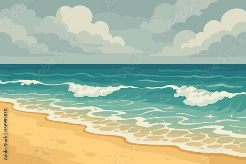 Vector cartoon illustration of a tropical sandy beach landscape. Ocean or sea with waves and foam on a cloudy day. Seascape background for summer travel or vacation concept.
