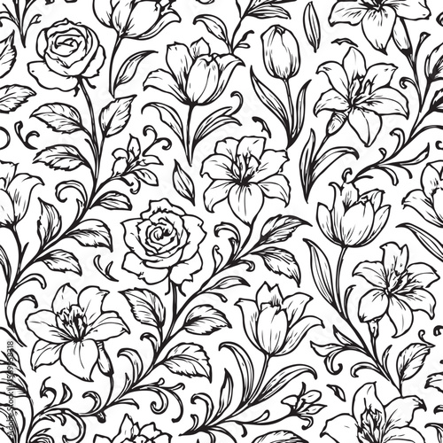 Elegant black and white floral pattern featuring blooming roses lilies and tulips with swirling vines and leaves on a clean white background