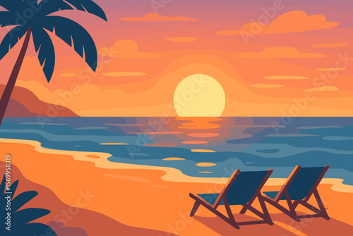 Beach sunset landscape with sun loungers on the seashore. Tropical vacation background. Beautiful seascape banner for travel. Romantic evening scene with ocean and palm tree.