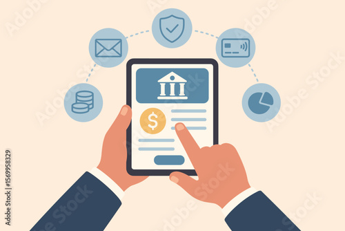 Online banking fintech concept. Male hand holding tablet using finance app. E-payment, investment, money management, secure transaction. Modern vector illustration design.