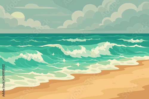 Tropical sandy beach with rough sea waves. Seascape background with a cloudy sky. Modern flat vector cartoon illustration for summer travel, vacation, and nature concepts.