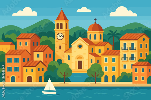 Mediterranean coastal city vector illustration. Summer travel to a European seaside town with a church and boat. Tourist vacation destination landscape. Modern flat cartoon graphic.