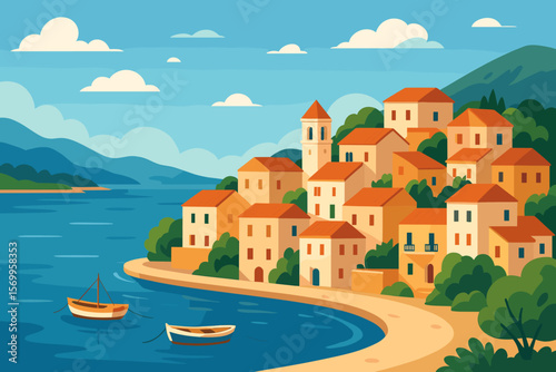 Mediterranean village by the sea. Beautiful fishing town on the seashore. Coastal landscape with houses and boats. Summer travel vacation scenery. Modern flat vector cartoon illustration.