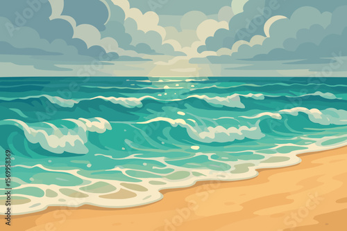 Scenic beach landscape with ocean waves crashing on a sandy shore under a cloudy sky. Modern flat vector cartoon illustration of a tropical sea background with sun glare.