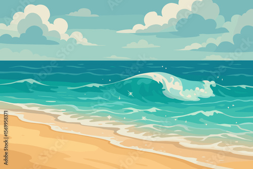 Tropical sandy beach landscape with a big ocean wave. Summer vacation on the sea coast. Modern flat cartoon vector illustration background. Nature seascape with clouds and sky.