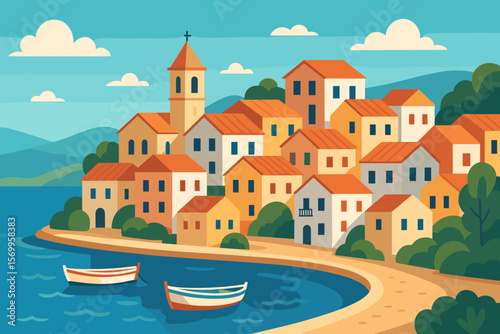 Mediterranean village by the sea. Fishing town on seashore. Coastal city landscape. Summer vacation travel. Europe tourism. Church on hill. Boats on water. Flat vector cartoon.
