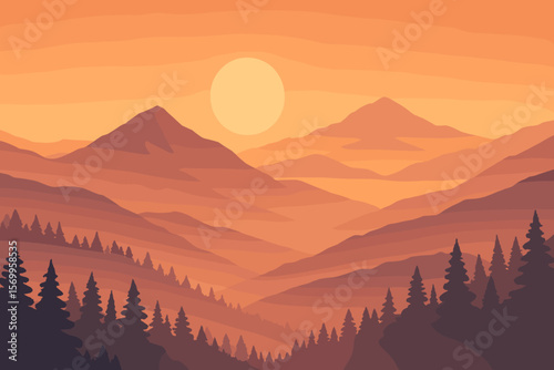 Mountain landscape at sunrise or sunset. Vector illustration of a misty valley with pine forest silhouettes. Nature background for travel or adventure concepts. Modern flat design.
