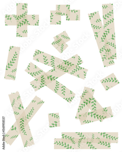 Set of semi-transparent washi tapes with pattern isolated on white. Tapes collection in vector. Pieces of decorative tape for scrapbooks. Torn paper. Spring, summer. Beige and green