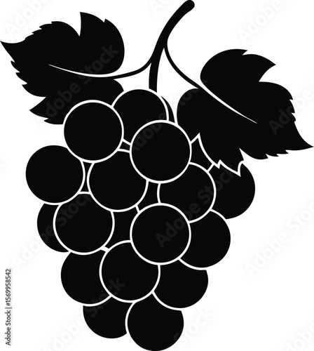 Elegant Grape Cluster Illustration: A captivating, high-contrast silhouette illustration showcasing a cluster of succulent grapes, accompanied by their verdant leaves and delicate stem.