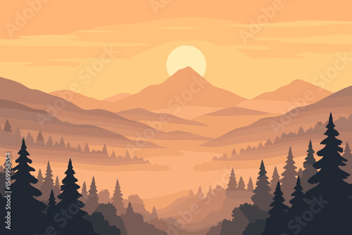 Mountain landscape at sunrise with sun. Foggy misty valley with pine forest and tree silhouettes. Nature background for wallpaper or web. Flat cartoon vector illustration.