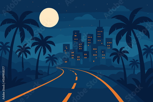 Night highway leading to city skyline with palm trees. Tropical road trip to metropolis under full moon. Travel, vacation journey concept. Flat vector cartoon illustration.