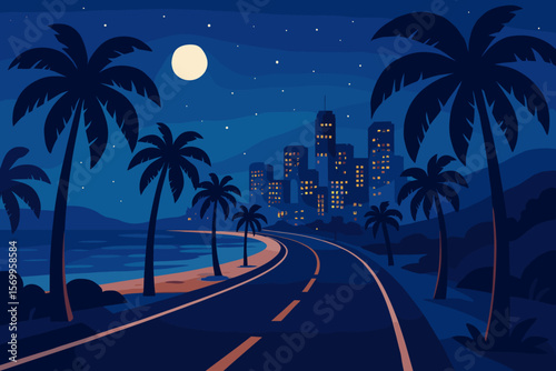 Night highway leading to the city with palm trees. Tropical road trip along the beach coast. Summer vacation travel concept. Modern flat cartoon vector illustration cityscape.