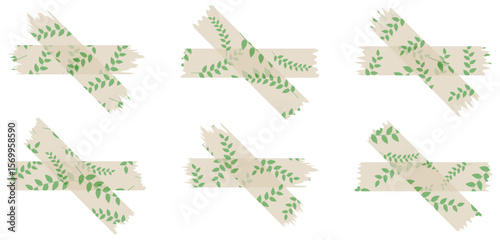 Set of semi-transparent washi tapes with pattern isolated on white. Tapes collection in vector. Pieces of decorative tape for scrapbooks. Torn paper. Spring, summer. Beige and green