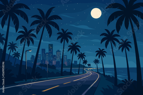 Winding coastal highway with palm trees leading to city skyline at night. Tropical summer vacation, travel and road trip concept. Full moon over the beach. Vector illustration.