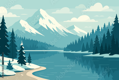 Panoramic Winter Mountain Lake Landscape. Snowy Peaks, Pine and Spruce Forest, Reflections on Water, Scenic Nature Background, Tranquil Wilderness, Outdoor Adventure, Serene Scenery