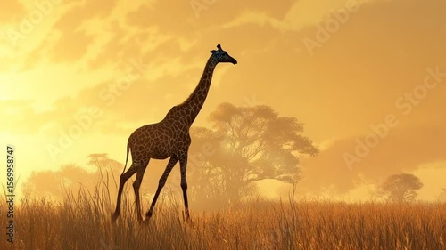 Giraffe Strolling on the African Savannah at Dusk in Golden Light, Wildlife Scenery