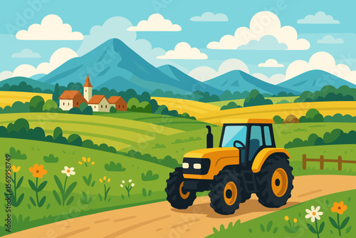 Vibrant Farm Landscape with Yellow Tractor on Country Road, Rolling Green Fields, Village Houses, Mountains, Wildflowers, Rural Agriculture Scene