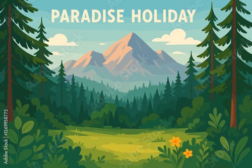 Majestic Mountain Paradise Holiday. Scenic Coniferous Forest Landscape, Lush Greenery, Vibrant Plants, Serene Forest Clearing, Stunning Alpine Mountains, Nature Retreat, Outdoor Adventure